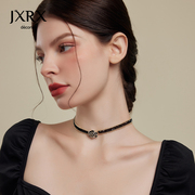 jxrx黑色水晶山茶花项链，女款镶钻锁骨，链甜酷花朵颈链2024