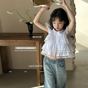 女童荷叶蕾丝边衬衫夏装，2024韩版洋气，中大童白色花边上衣短袖