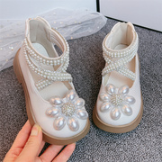 儿童罗马小皮鞋珍珠花朵2024春秋季女孩公主时尚单鞋女童洋气