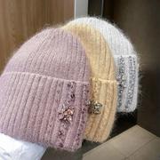 兔毛毛线帽子女秋冬季加厚保暖防寒护耳帽宽松大版水钻针织冷帽潮