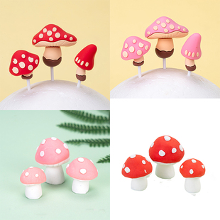 波点软陶软胶粉色红色蘑菇3件套烘焙西点甜品台生日蛋糕装饰摆件