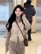 小香风冬装搭配一整套韩剧穿搭高级感毛衣拼接棉服外套套装裤冬季