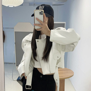 韩国chic早秋港风复古西装领大口袋，系带收腰短款机车pu皮衣外套女