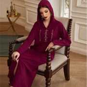 303暗红色长裙女装摩洛哥风格中东手缝玻璃钻长袍连帽回族连衣裙