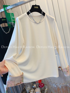 DHR  高级感新中式拼接刺绣缎面圆领T恤衬衫上衣女假两件春季