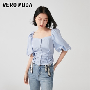 Vero Moda衬衫2023春夏优雅气质法式方领泡泡袖短袖上衣女