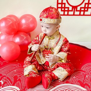 一周岁礼服男宝宝冬装唐装婴儿满月服冠衣中国风抓周服红色拜年服