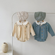 2024秋冬婴幼儿童宝宝毛衣套装花朵，绣花长袖外套+棉针织背带哈衣