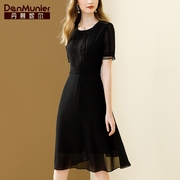 丹慕妮尔法式黑色雪纺，连衣裙女夏季钉珠收腰气质中长裙子