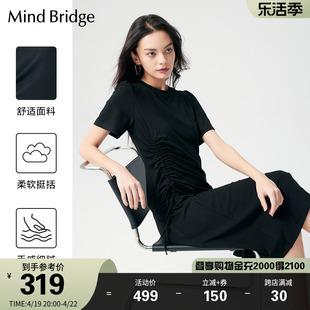 Mind Bridge夏季黑色圆领短袖连衣裙女士收腰裙设计感中长款裙子