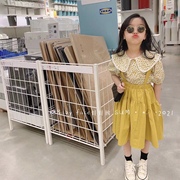 2021夏装新韩版女童可爱小清新碎花翻领泡泡袖衬衫黄色背带裙套装
