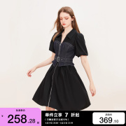 绫致ONLY2024春夏时尚休闲泡泡袖牛仔拼接短款连衣裙女