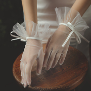 新娘手套白色蝴蝶结绑带，短款网纱秋冬婚纱礼服，婚礼全指纱手套