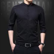潮牌男士立领长袖衬衫，2023春秋韩版修身青年商务休闲薄款衬衣