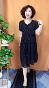 夏季妈妈款黑色雪纺连衣裙短袖，v领圆点，商场同款宽松显瘦减龄裙子