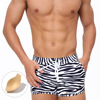 欧美男士黑白色斑马条纹双侧口袋平角泳裤带罩杯时尚沙滩速干泳衣