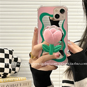 粉色花朵支架镜面适用于苹果x手机壳，8plusi87p郁金香6s女se2全包硅胶，5c4s创意se1代i6p防摔xsmax补妆镜xr