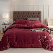 加厚床单被套床上用品珊瑚绒刺绣秋冬保暖纯色简约酒红色四件套