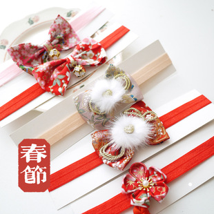 中国风中式毛毛铃铛新年婴儿童女宝宝红色蝴蝶结花朵头饰发饰发带