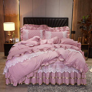 欧式夹棉四件套床裙公主风床罩床单全棉磨毛加厚裸睡床上被套粉色