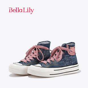 bellalily初秋时尚牛仔布，高帮鞋女透气帆布鞋舒适板鞋子