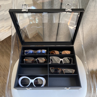 高级透明玻璃盖眼镜收纳盒，黑色皮质绒布多格大容量太阳墨镜展示架
