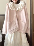 学院风粉色针织衫外套女秋季小个子娃娃领连衣裙超仙两件套装