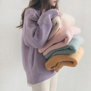 紫色套头毛衣女秋冬外穿宽松慵懒风圆领上衣2023年针织衫加厚