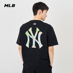 MLB 男女情侣圆领T恤宽松印花涂鸦logo短袖24夏季TSX05