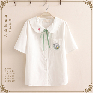 10-16岁大童女孩夏装初中学生纯棉娃娃，领短袖衬衫女日系jk少女风