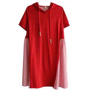 天然出品  休闲红色针织拼接条纹短袖中长款连帽连衣裙QA3609