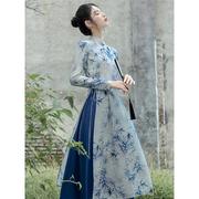 SOLENELARA春夏女装复古新中式国风改良旗袍长衫上衣配蓝色半身长