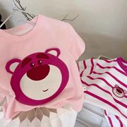 女童短袖夏装t恤儿童短袖亲子装草莓熊卡通(熊卡通)刺绣上衣中小童条纹t恤
