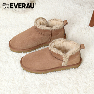 everau羊皮毛一体雪地，靴女冬季短筒防水防滑棉鞋短靴ea3138