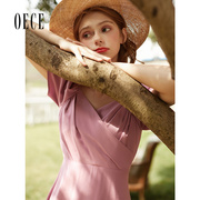 Oece夏装女装 甜美法式方领设计感泡泡袖高腰连衣裙