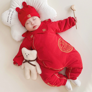 婴儿冬季连体衣宝宝新年服拜年服大红色满月周岁，新生儿护肚蝴蝶衣