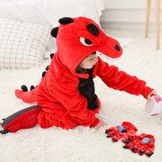 红恐龙儿童卡通动物，连体睡衣套装，秋冬款如厕版男女孩宝宝家居服