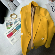 黄色外套女西装领双排扣修身型2022年春季中长款通勤纯色长袖西服