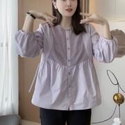 韩版针织拼接衬衫女2024年春夏季时尚洋气圆领，开衫叠穿长袖潮