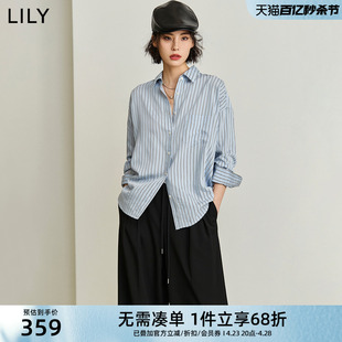 LILY2024春女装简约竖条纹垂坠感长袖衬衫翻领宽松衬衣上衣女