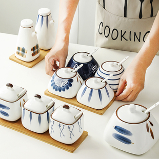 陶瓷调味罐厨房调味盒套装，组合装日式创意，盐糖味精调料盒调料罐子