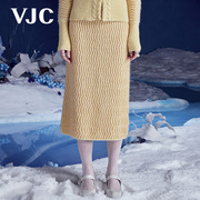 VJC/威杰思2023秋冬女装黄色高腰针织裙趣味波浪提花中长裙