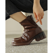 Kmeizu厚底马丁靴女秋冬简约短靴后拉链粗跟骑士靴显瘦棕色及踝靴