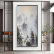 新中式纯手绘山水油画玄关高端客厅装饰画肌理画过道挂画轻奢壁画