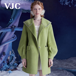 vjc威杰思秋冬女装米，绿色绵羊毛大衣，烫钻连帽短款毛呢大衣