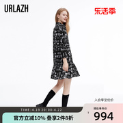 URLAZH有兰春季复古气质印花小黑裙轻薄黑色长袖连衣裙女