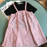实体童装店 设计师品牌LOVI 女童黑色短袖T恤+粉色波点吊带裙