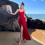 纯欲风伴娘礼服裙子拍照超仙沙漠露背连衣裙女飘逸长裙红色沙滩裙