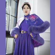 magicq原创设计深紫色立领菊花刺绣，狐狸毛装饰(毛装饰)毛呢大衣斗篷外套