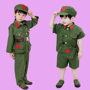 六一儿童军绿色小红军长袖，男童军装练功娃娃兵八路军短袖宝宝套装